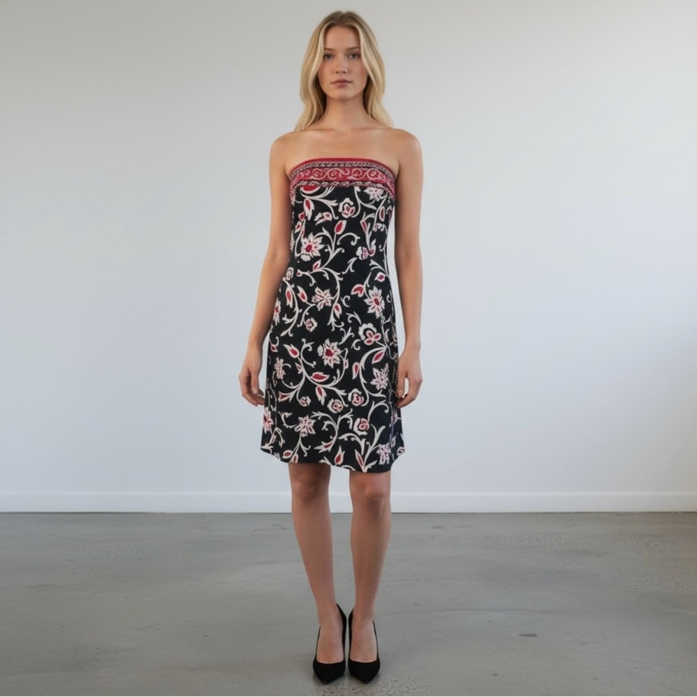 Laundry By Shelli Segal Silk Black White Red Floral Strapless Midi Sun Dress